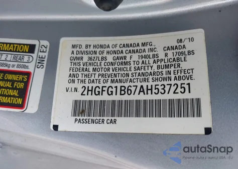 2010 Honda Civic Lx from USA, damaged, VIN 2HGFG1B67AH537251